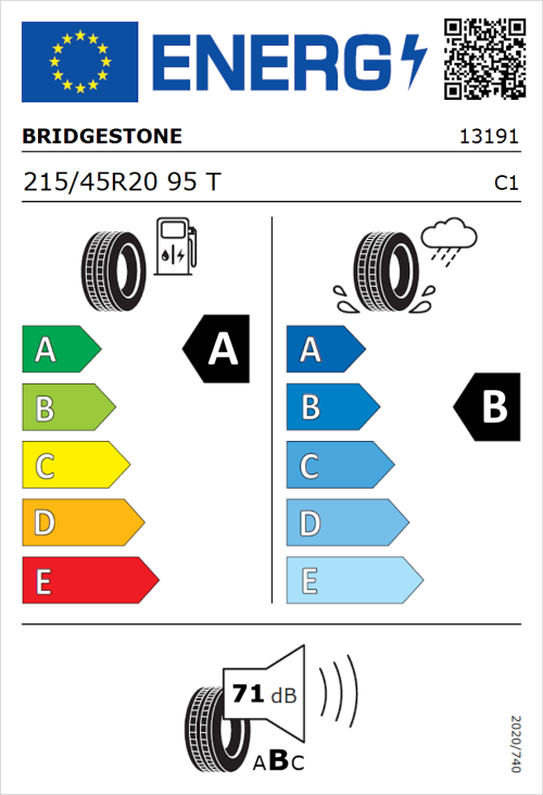 Tyre Label for Bridgestone Turanza T001 215/45R20 95T