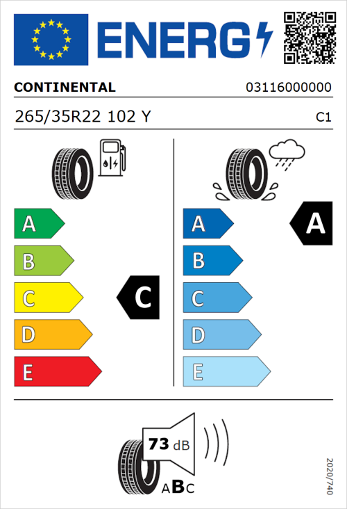 Tyre Label for Continental SportContact 6 ContiSilent 265/35R22 102Y