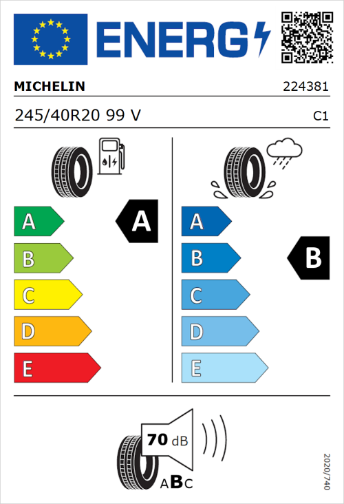 Tyre Label for Michelin e.primacy 245/40R20 99V