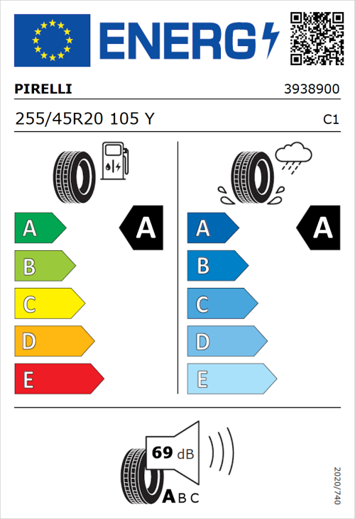 Tyre Label for Pirelli P Zero (PZ4) Sport Car 255/45R20 105Y